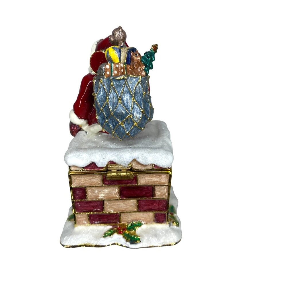 Enameled Bejeweled Santa on Chimney Jewelry Trinket Box collectable - Picture 5 of 11